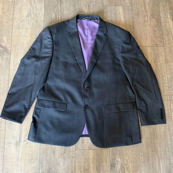 Lombardy Italy 46S Charcoal Gray Suit Jacket 100% Wool, Purple Lining Two-Button - Picture 1 of 7